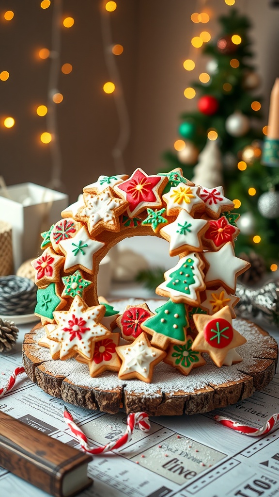 A festive cookie wreath made of assorted decorated cookies with colorful icing and sprinkles on a rustic table.